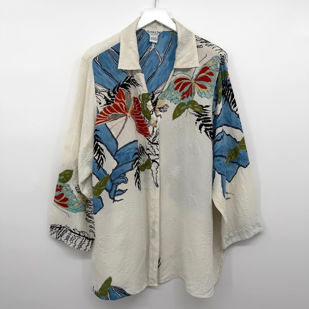 Citron Santa Monica Tunic Top Shirt 1X 2X Floral 100% Silk Sheer Resort Boho